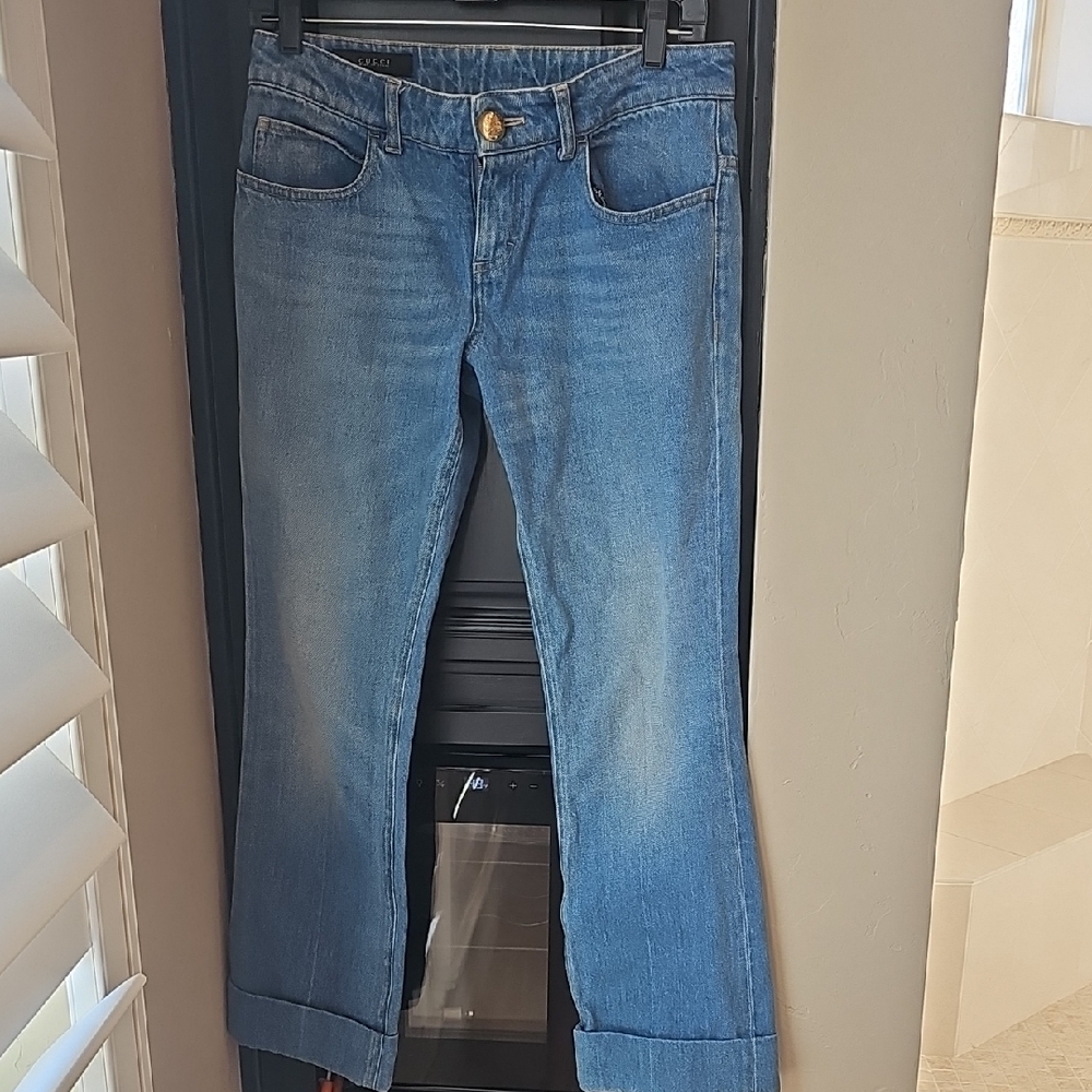 Gucci Blue Straight Leg Women's Jeans With Cuff